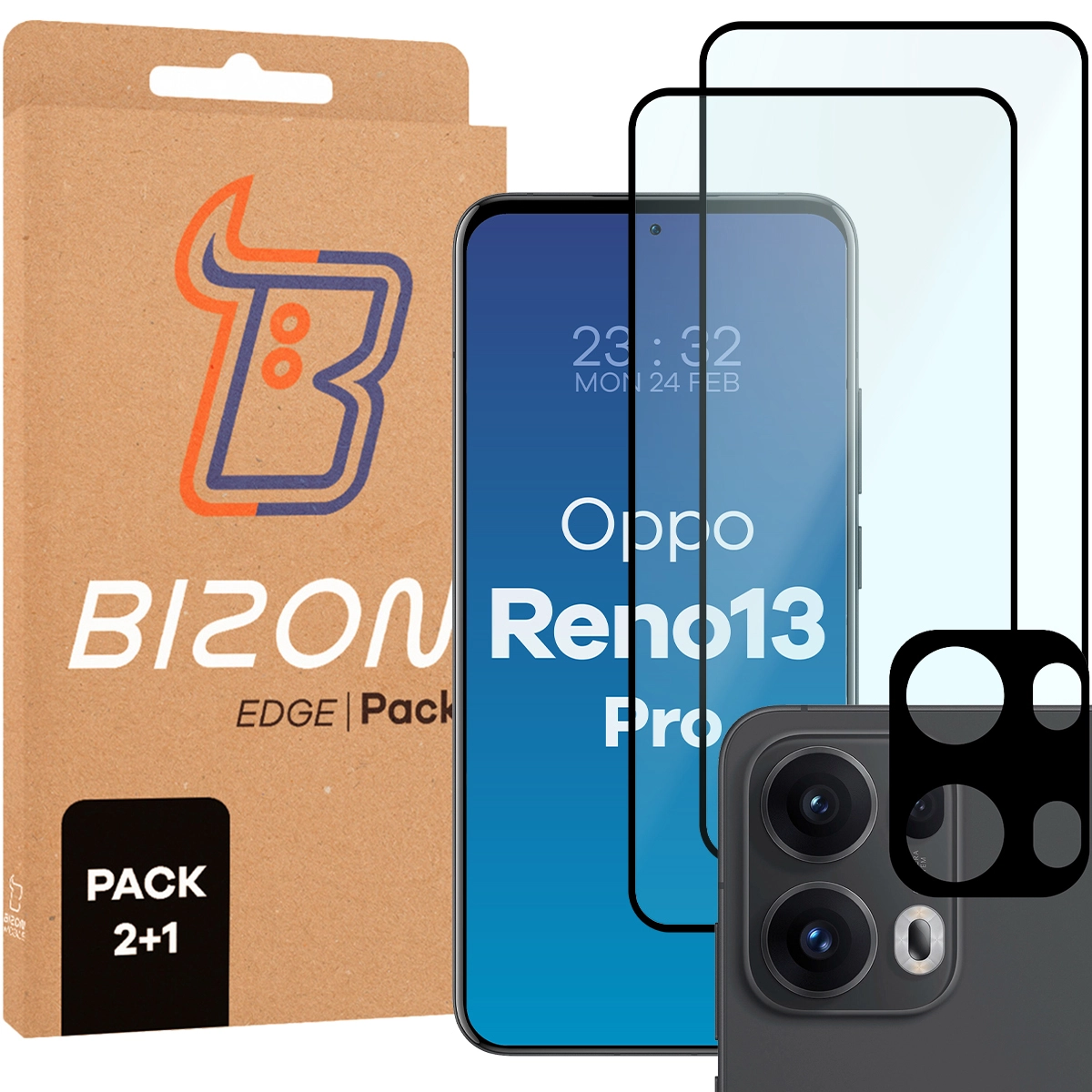 Szkło hartowane Bizon Glass Edge 3D - 2 szt. + obiektyw, Oppo Reno13 Pro